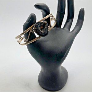 Large 925 Silver Boho Southwestern Agate Stone Cuff Bracelet Modernist Vintage